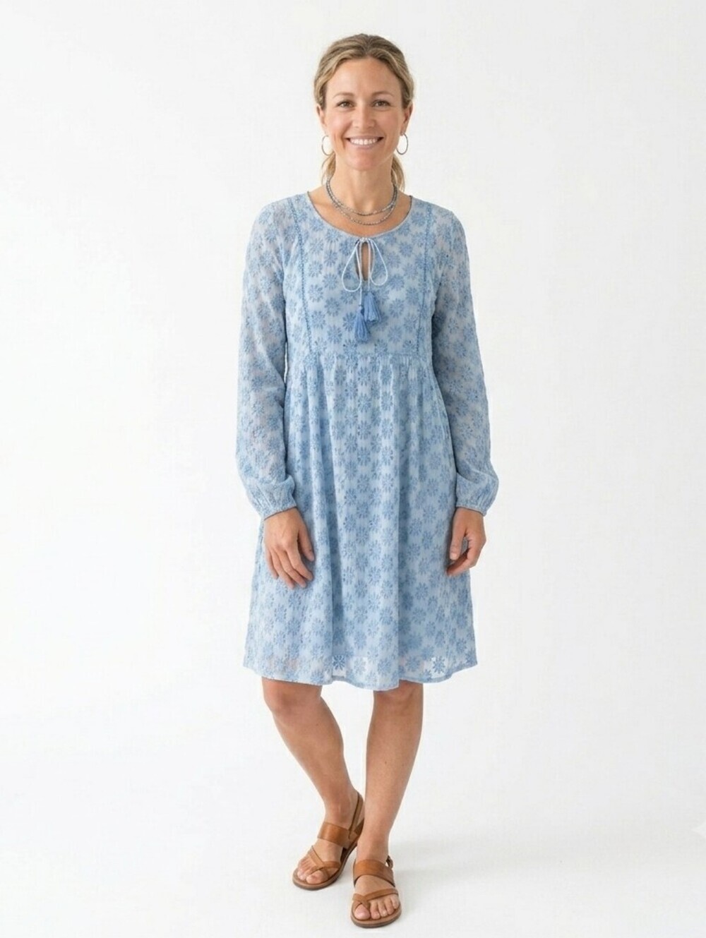 Sundance Embroidered Eyelet Boho Tassel Tie Collar Tunic Mini Dress - Medium